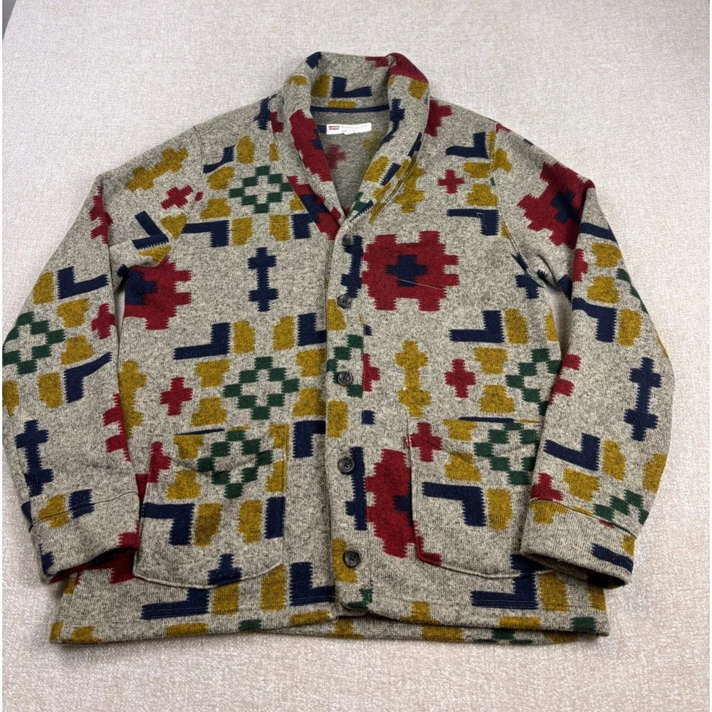 Levis Mens Southwestern Geometric Shawl Collar Cardigan Sweater XL Grey